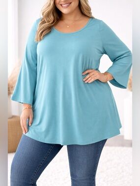 Jessica London Scoop Neck Bell Sleeve Tunic - Aqua Blue